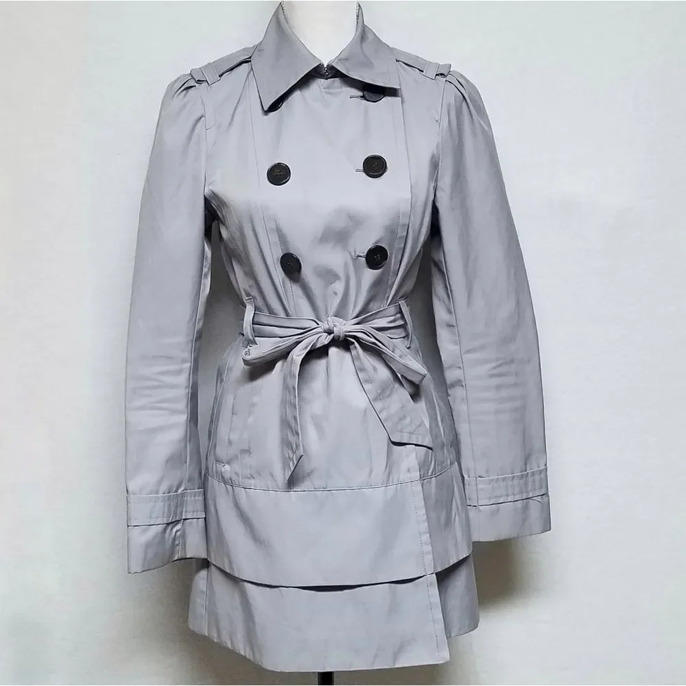BLACK Rivet Dove Gray Belted Layered  Puff Shoulder Trench Coat Over Coat Small